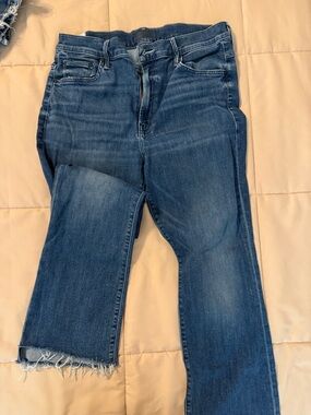 MOTHER Dark Blue Cropped Frayed-Hem Jeans